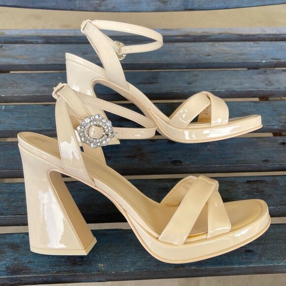 New Sam Edelman Haidyn  Platform Sandal Women 9.5 Cream Rhinestone Buckle Strap - Picture 4 of 9